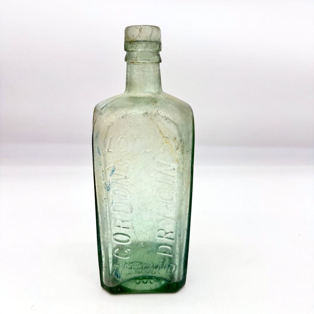 Vintage Gordons Dry Gin Bottle Aqua Green Glass Embossed London England Antique